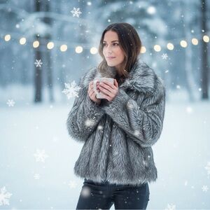 Rampage Y2K Faux Fur Coat Gray & Black – Size L – Fully Lined Statement Jacket